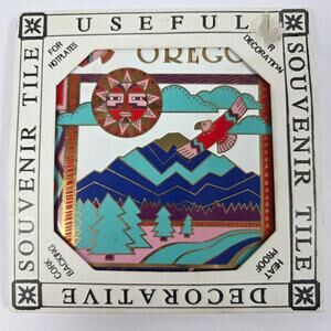 Vintage Oregon Souvenir Tile Trivet Heat Proof Cork Back Mountain Thunderbird